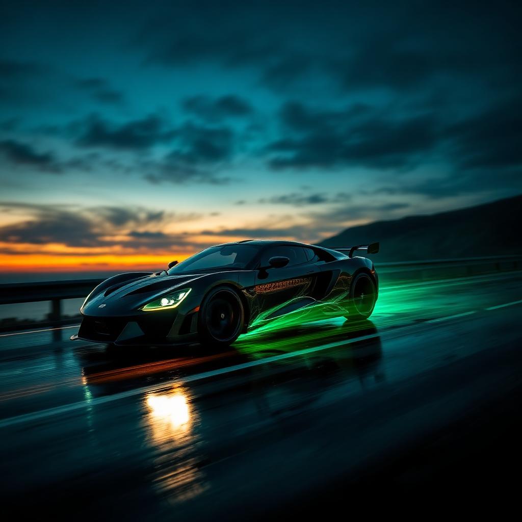 Luxury sports car on coastal highway at dusk